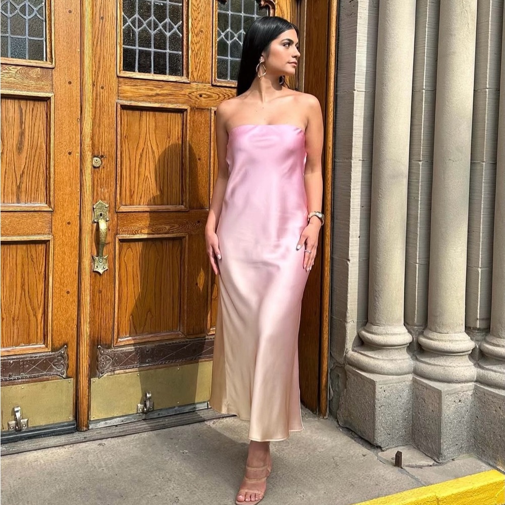 Zara Pink Satin Strapless Slip Dress - Picture 7 of 13